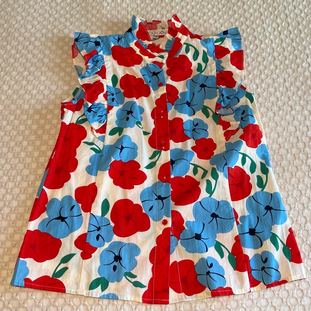 Joy Joy woman’s Floral Button-Front Ruffle Top - Red, Blue, Green on White